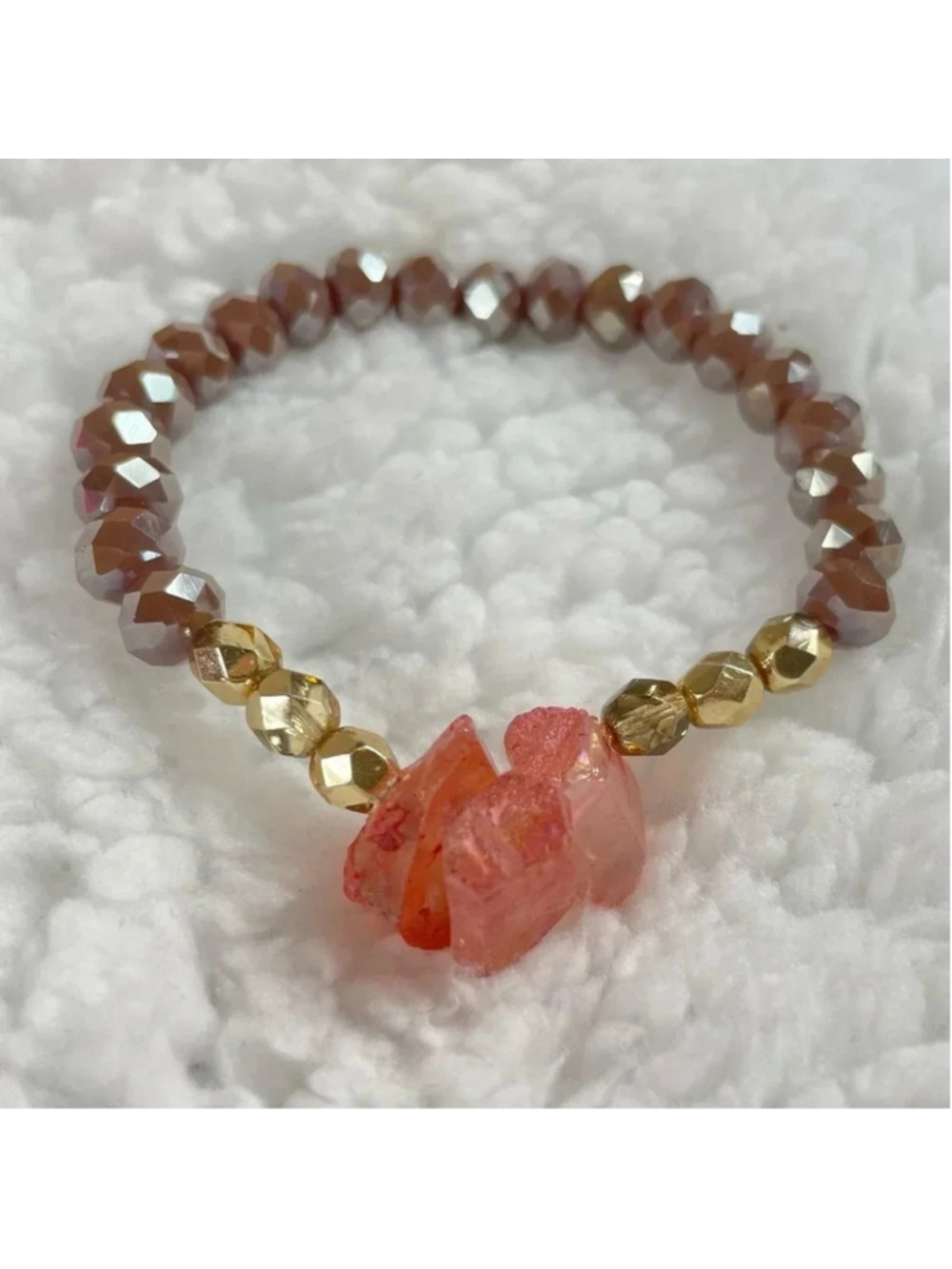 Handmade Beaded Stretch Bracelet, Beautiful Pink Stones, Gold and Mauve Beads